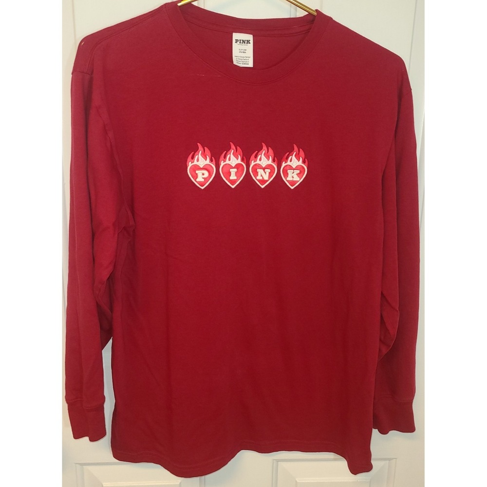 Victoria's Secret Pink Shirt (S) Red Long Sleeve Fire Flame Logo Top Cotton Soft